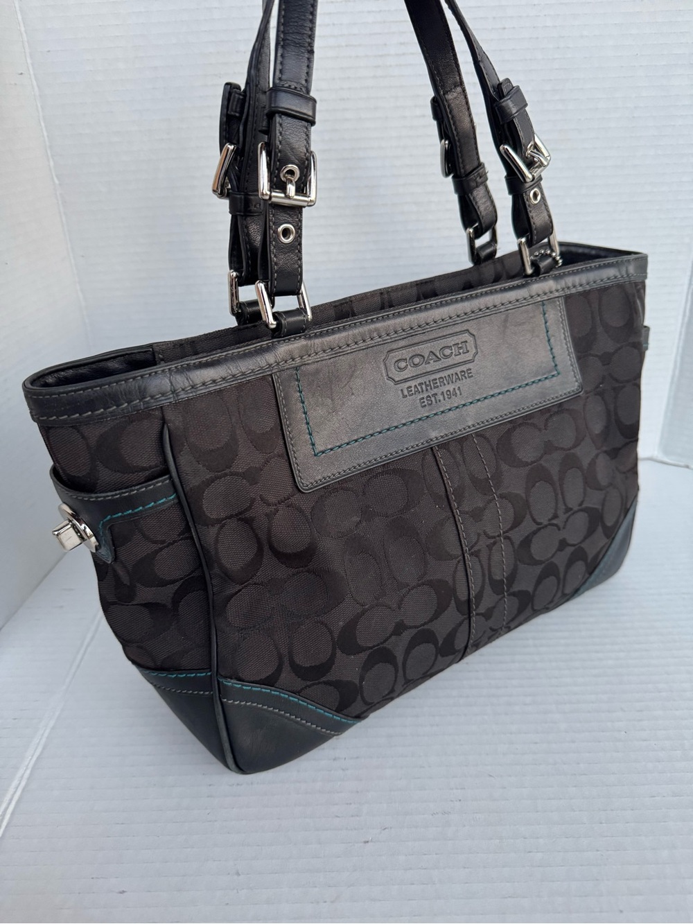 Coach Signature Gallery Tote 8K49 Black Jacquard with Turquoise Trim